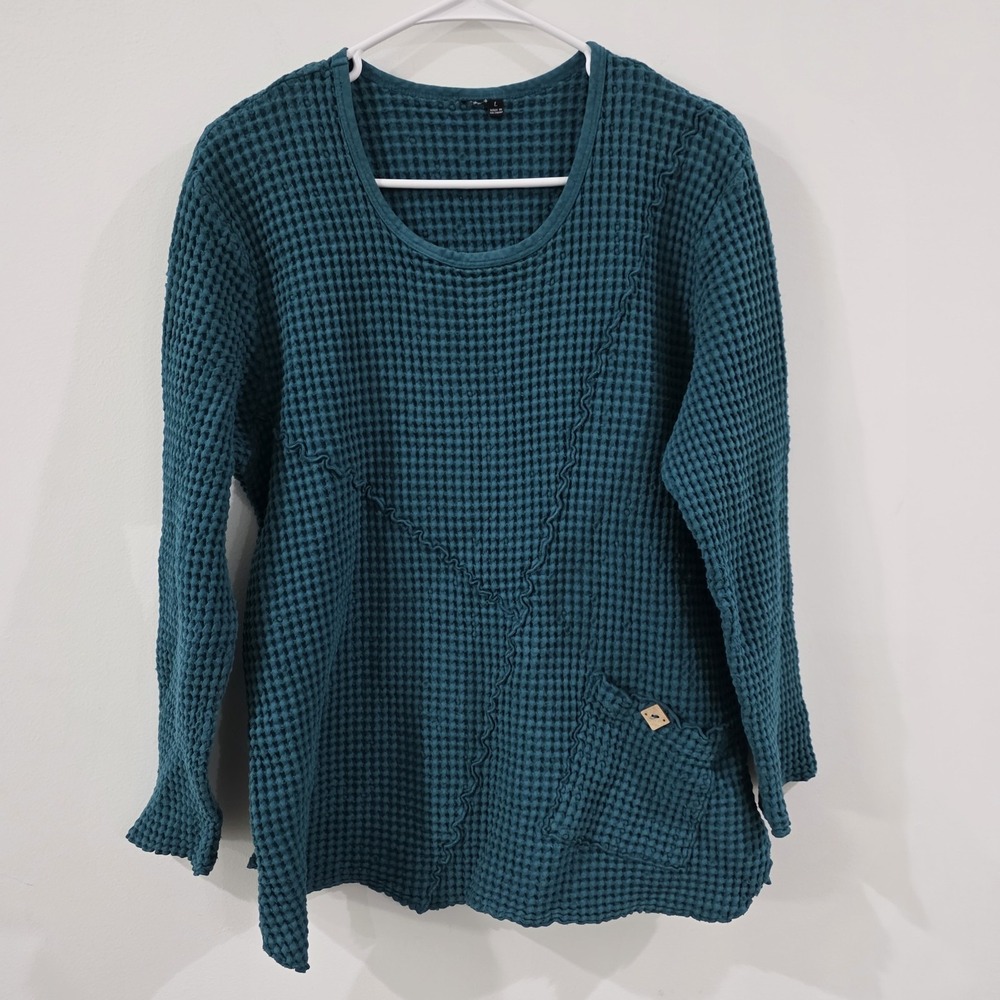 Womens Teal Waffle Knit Sweater Size Large Fairy Grunge Goblin Button Assymetric